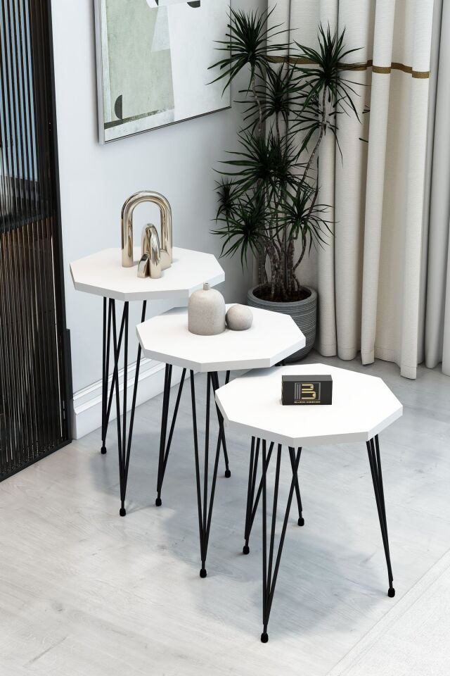 3'Lü Sekizgen Zigon Sehpa ve Dikdörtgen Orta Sehpa Takımı Modern Siyah Metal Ayaklı Salon Sehpa Seti Beyaz