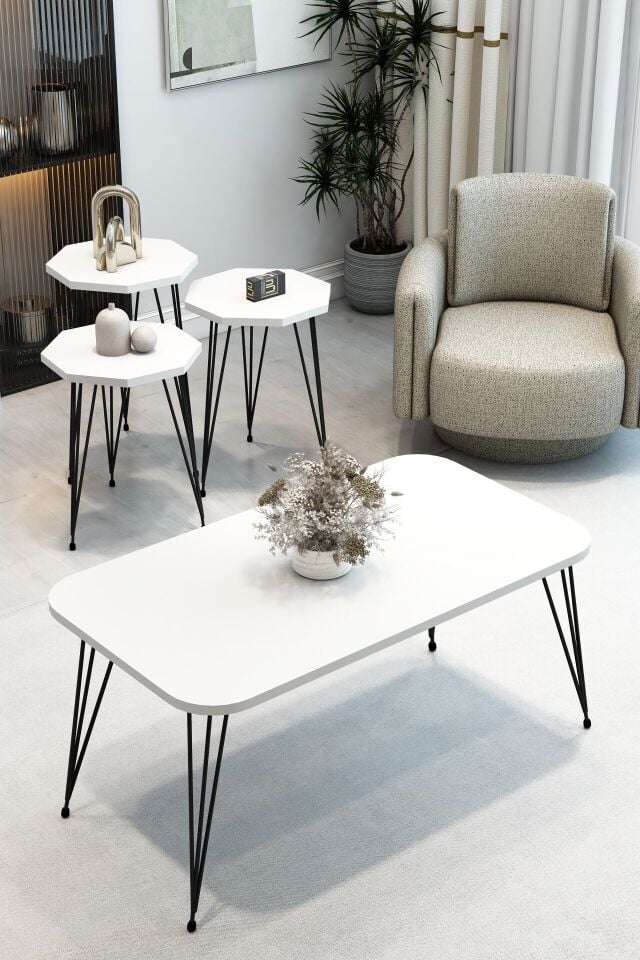 3'Lü Sekizgen Zigon Sehpa ve Dikdörtgen Orta Sehpa Takımı Modern Siyah Metal Ayaklı Salon Sehpa Seti Beyaz