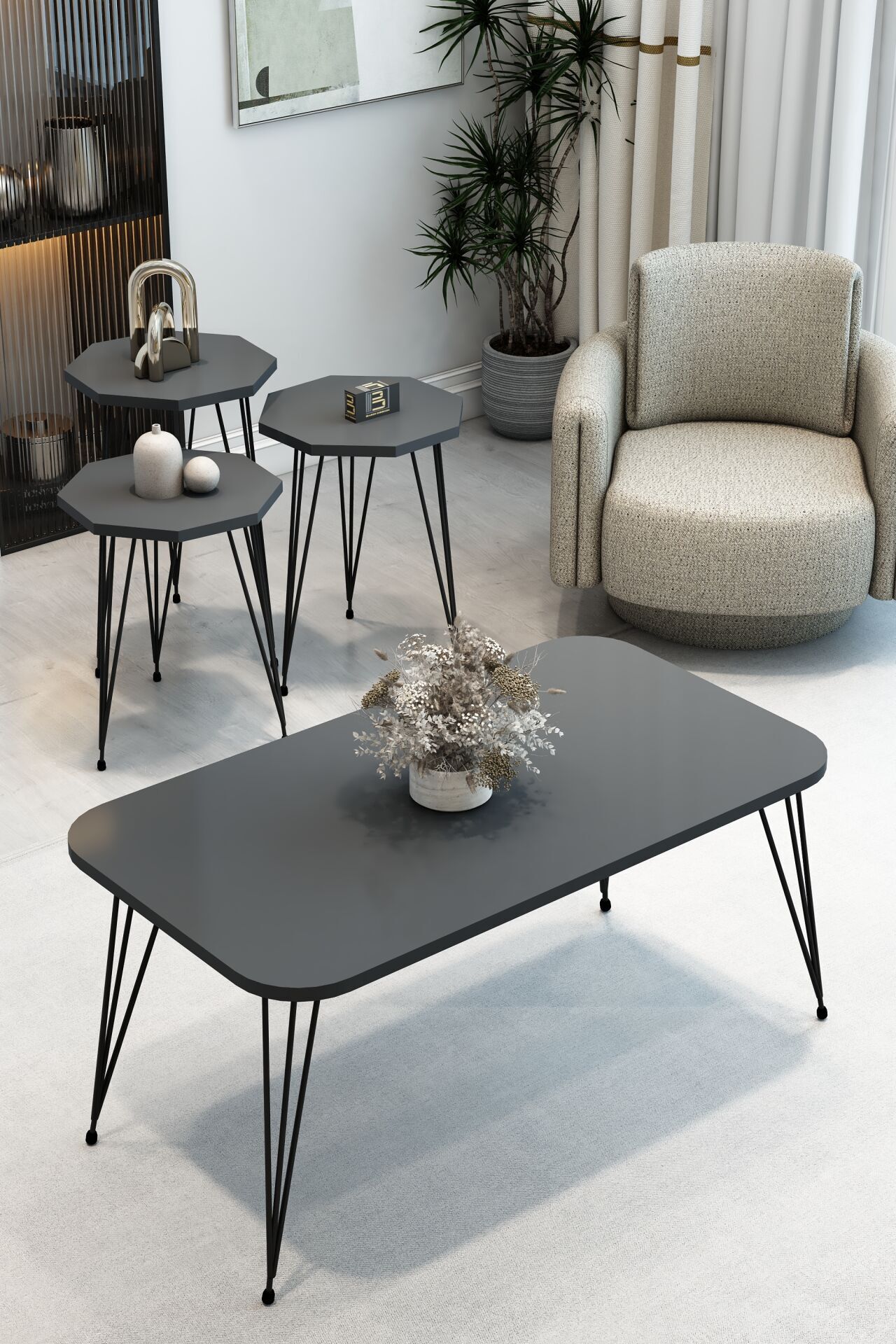 3'Lü Sekizgen Zigon Sehpa ve Dikdörtgen Orta Sehpa Takımı Modern Siyah Metal Ayaklı Salon Sehpa Seti Antrasit