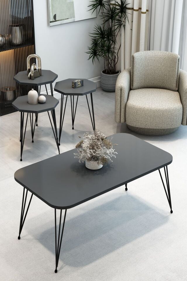 3'Lü Sekizgen Zigon Sehpa ve Dikdörtgen Orta Sehpa Takımı Modern Siyah Metal Ayaklı Salon Sehpa Seti Antrasit