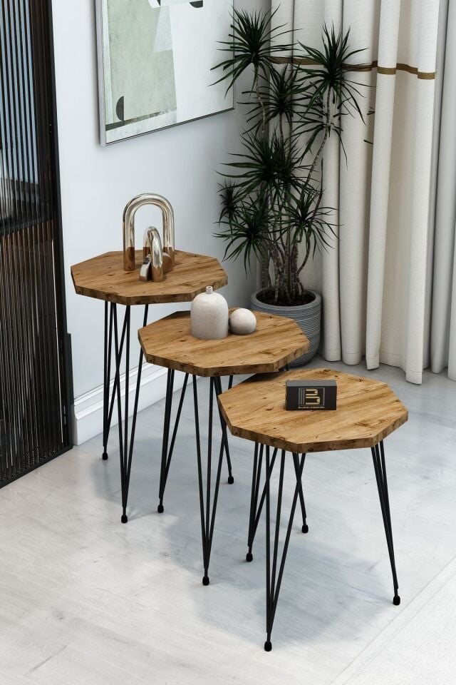 3'Lü Sekizgen Zigon Sehpa ve Dikdörtgen Orta Sehpa Takımı Modern Siyah Metal Ayaklı Salon Sehpa Seti Atlantik Çam