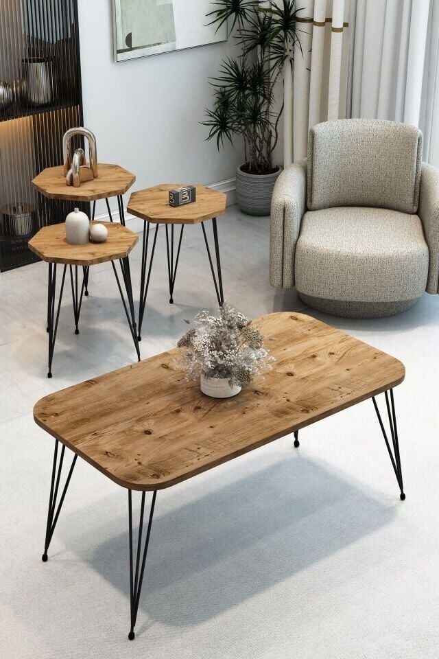 3'Lü Sekizgen Zigon Sehpa ve Dikdörtgen Orta Sehpa Takımı Modern Siyah Metal Ayaklı Salon Sehpa Seti Beyaz Mermer