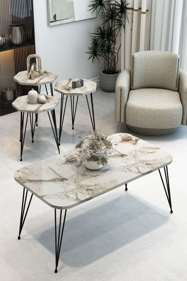 3'Lü Sekizgen Zigon Sehpa ve Dikdörtgen Orta Sehpa Takımı Modern Siyah Metal Ayaklı Salon Sehpa Seti Beyaz Mermer