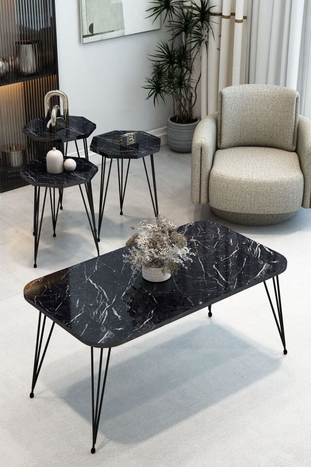 3'Lü Sekizgen Zigon Sehpa ve Dikdörtgen Orta Sehpa Takımı Modern Siyah Metal Ayaklı Salon Sehpa Seti Siyah Mermer