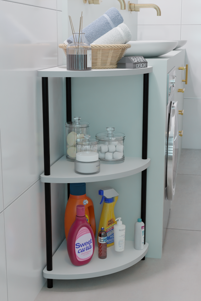Barın Design Çevirmeli Kurulum 3 Katlı Köşe Rafı Çok Amaçlı Organizer Banyo Mutfak Çamaşır Odası Kullanımı Beyaz