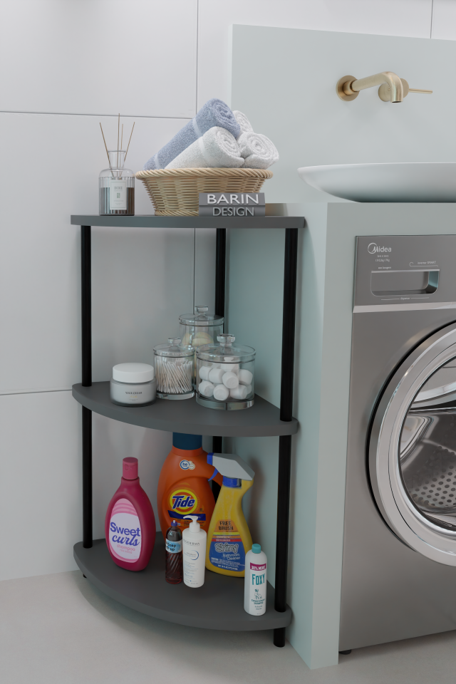 Barın Design Çevirmeli Kurulum 3 Katlı Köşe Rafı Çok Amaçlı Organizer Banyo Mutfak Çamaşır Odası Kullanımı Antrasit