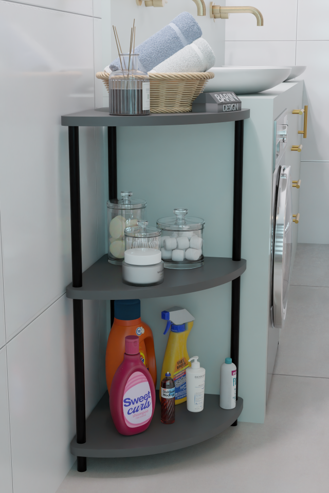 Barın Design Çevirmeli Kurulum 3 Katlı Köşe Rafı Çok Amaçlı Organizer Banyo Mutfak Çamaşır Odası Kullanımı Antrasit