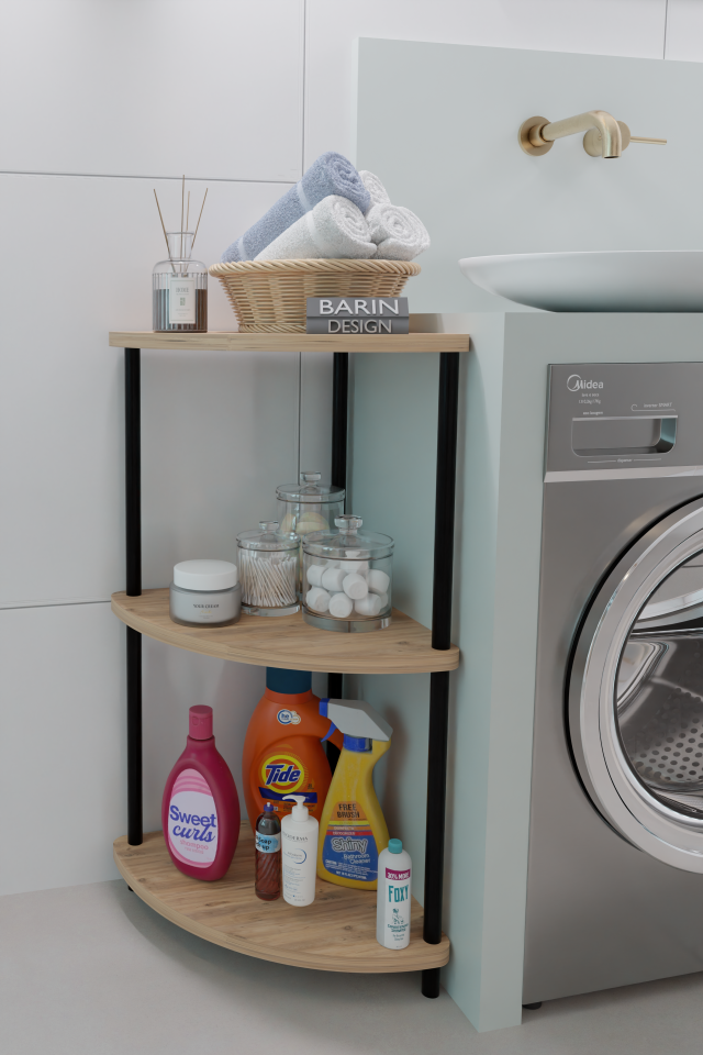 Barın Design Çevirmeli Kurulum 3 Katlı Köşe Rafı Çok Amaçlı Organizer Banyo Mutfak Çamaşır Odası Kullanımı Atlantik Çam