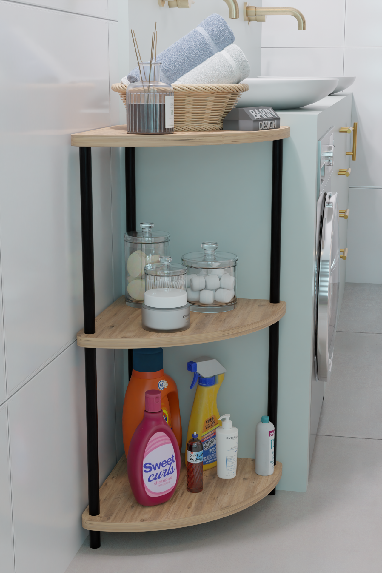 Çevirmeli Kurulum 3 Katlı Köşe Rafı Çok Amaçlı Organizer Banyo Mutfak Çamaşır Odası Kullanımı Atlantik Çam