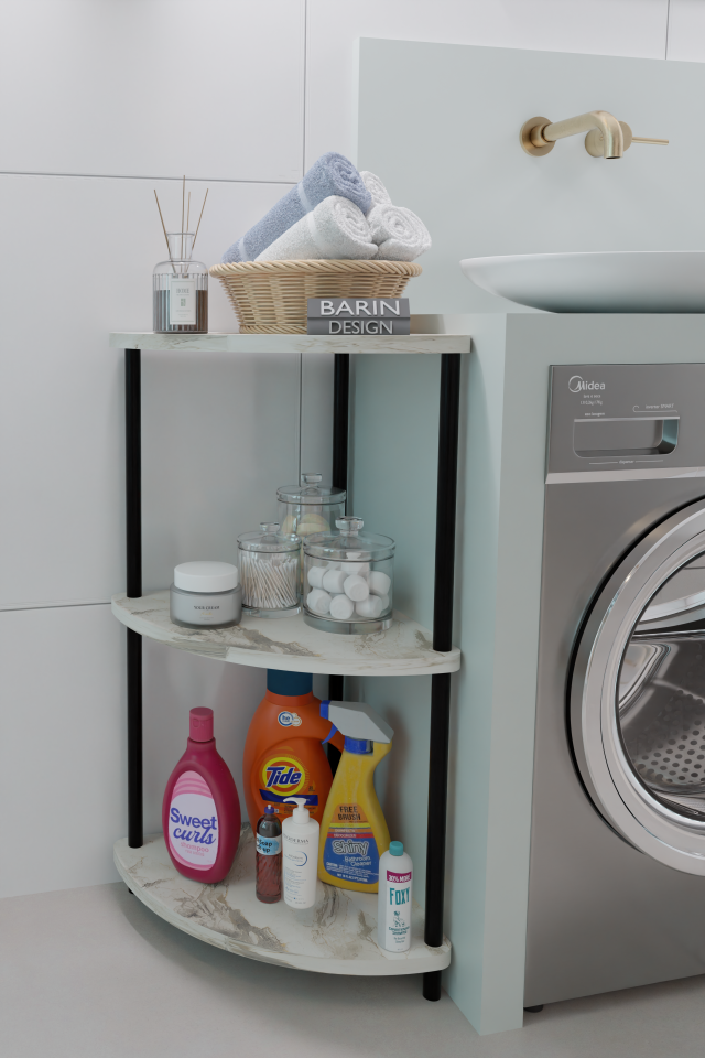 Çevirmeli Kurulum 3 Katlı Köşe Rafı Çok Amaçlı Organizer Banyo Mutfak Çamaşır Odası Kullanımı Beyaz Mermer