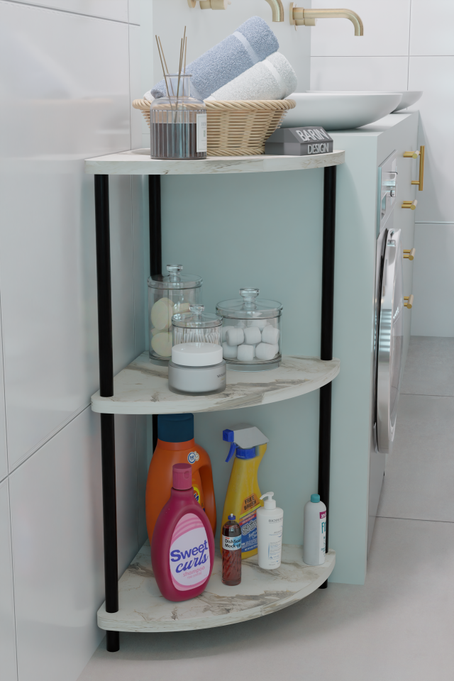 Çevirmeli Kurulum 3 Katlı Köşe Rafı Çok Amaçlı Organizer Banyo Mutfak Çamaşır Odası Kullanımı Beyaz Mermer