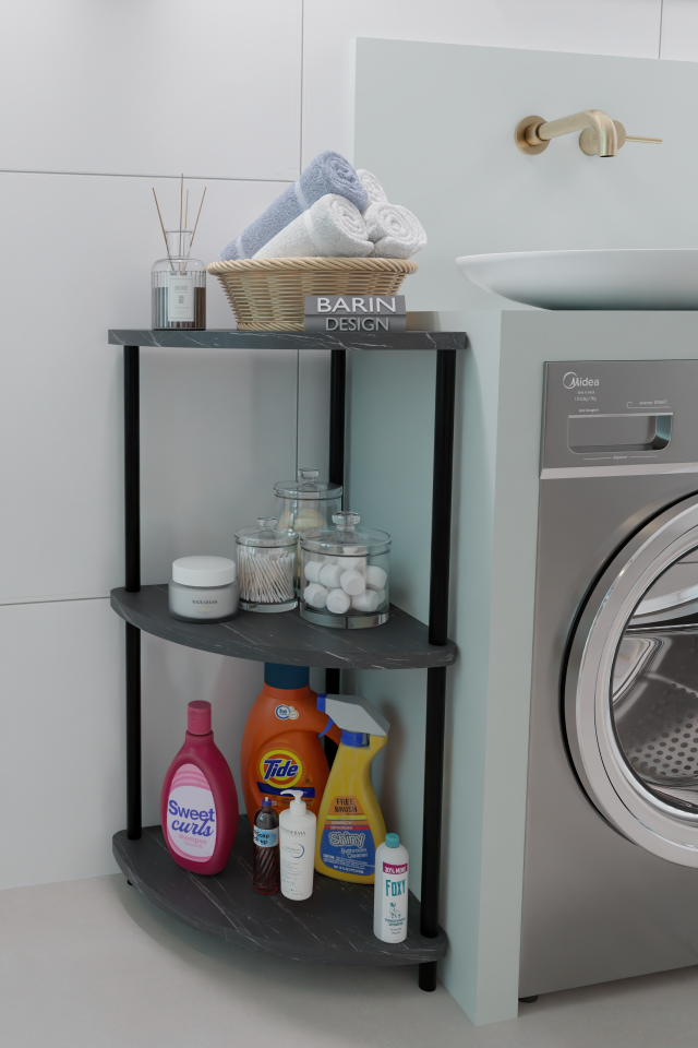 Barın Design Çevirmeli Kurulum 3 Katlı Köşe Rafı Çok Amaçlı Organizer Banyo Mutfak Çamaşır Odası Kullanımı Siyah Mermer