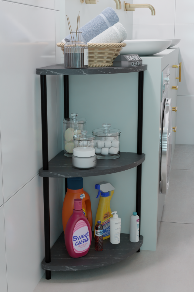 Çevirmeli Kurulum 3 Katlı Köşe Rafı Çok Amaçlı Organizer Banyo Mutfak Çamaşır Odası Kullanımı Siyah Mermer