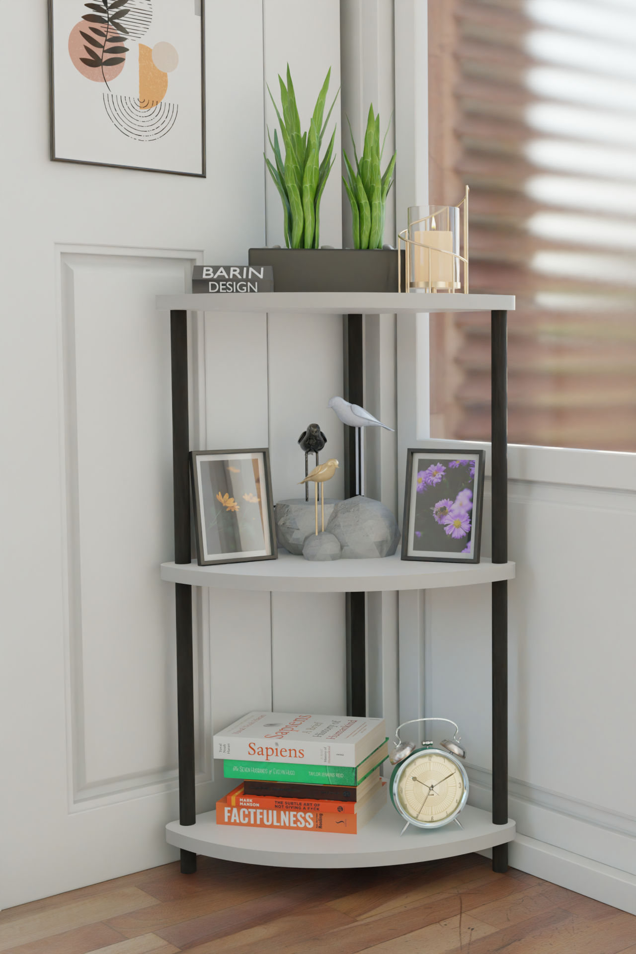 Çevirmeli Kurulum 3 Katlı Dekoratif Köşe Rafı Kitaplık Organizer Aksesuar Düzenleyici Raf Ünitesi Beyaz