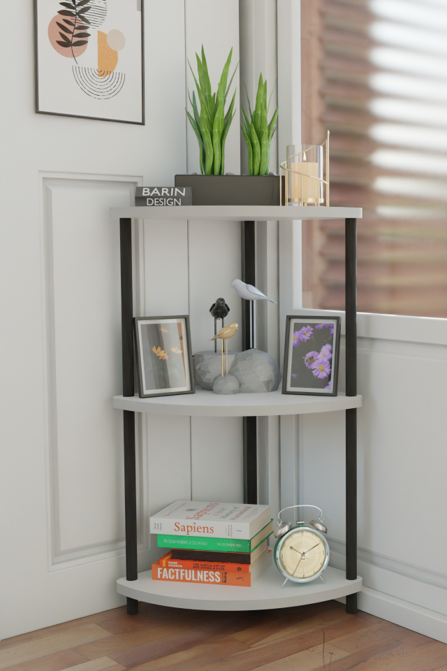 Çevirmeli Kurulum 3 Katlı Dekoratif Köşe Rafı Kitaplık Organizer Aksesuar Düzenleyici Raf Ünitesi Beyaz