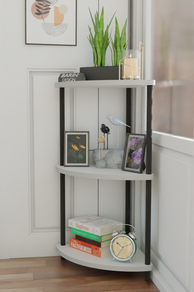 Barın Design Çevirmeli Kurulum 3 Katlı Dekoratif Köşe Rafı Kitaplık Organizer Aksesuar Düzenleyici Raf Ünitesi Beyaz