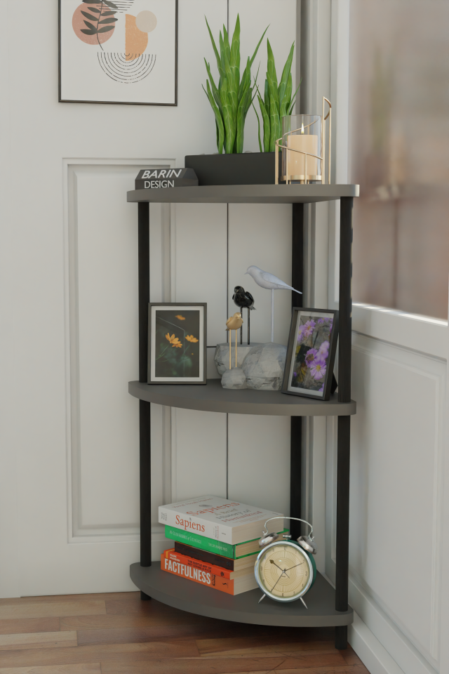 Barın Design Çevirmeli Kurulum 3 Katlı Dekoratif Köşe Rafı Kitaplık Organizer Aksesuar Düzenleyici Raf Ünitesi Antrasit