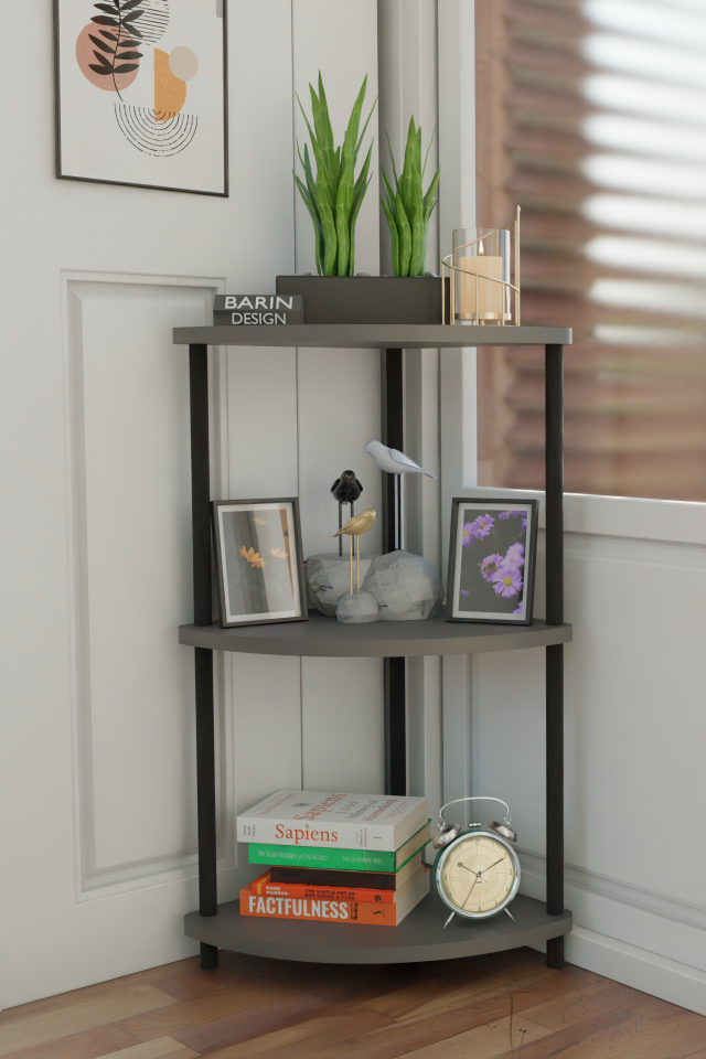 Çevirmeli Kurulum 3 Katlı Dekoratif Köşe Rafı Kitaplık Organizer Aksesuar Düzenleyici Raf Ünitesi Antrasit