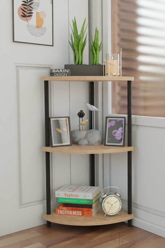 Barın Design Çevirmeli Kurulum 3 Katlı Dekoratif Köşe Rafı Kitaplık Organizer Aksesuar Düzenleyici Raf Ünitesi Atlantik Çam