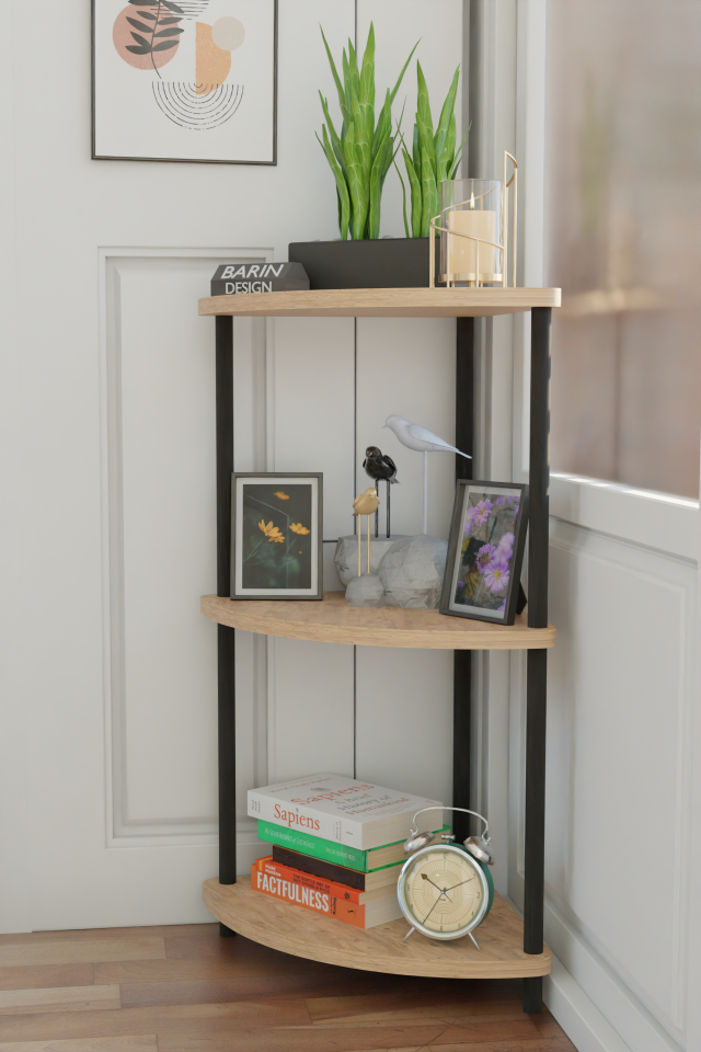 Barın Design Çevirmeli Kurulum 3 Katlı Dekoratif Köşe Rafı Kitaplık Organizer Aksesuar Düzenleyici Raf Ünitesi Atlantik Çam