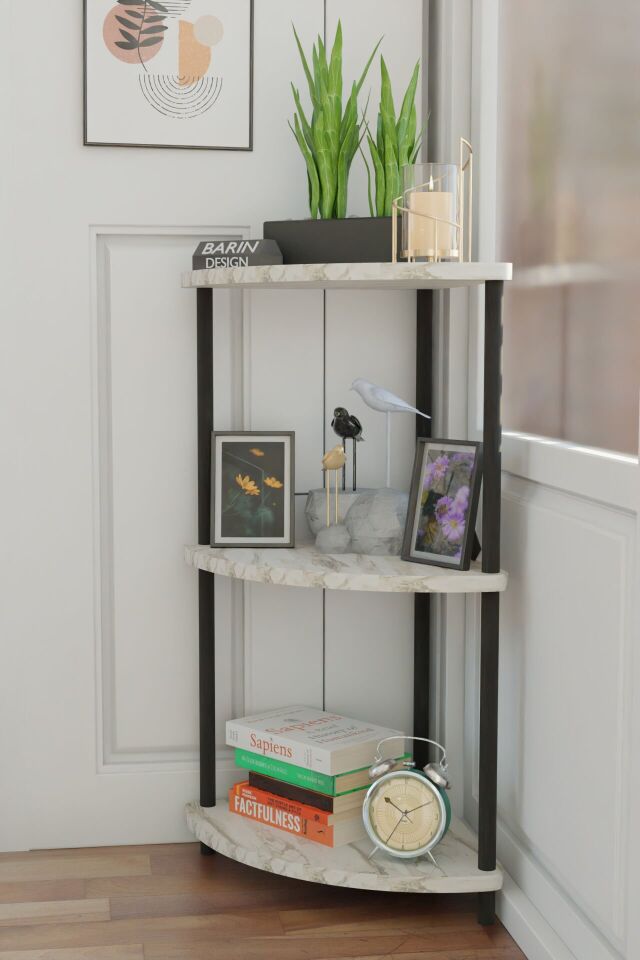 Çevirmeli Kurulum 3 Katlı Dekoratif Köşe Rafı Kitaplık Organizer Aksesuar Düzenleyici Raf Ünitesi Beyaz Mermer