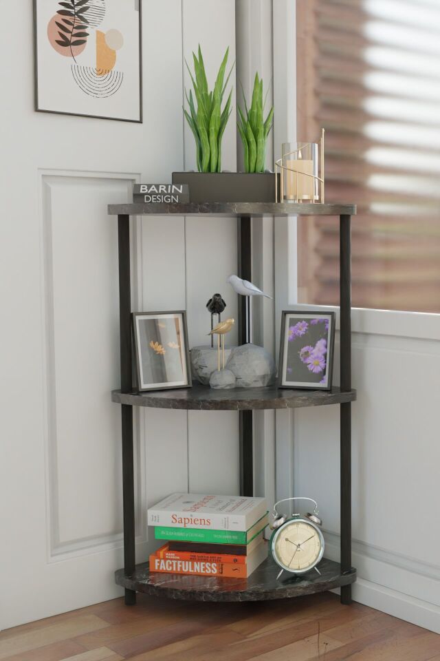 Çevirmeli Kurulum 3 Katlı Dekoratif Köşe Rafı Kitaplık Organizer Aksesuar Düzenleyici Raf Ünitesi Siyah Mermer