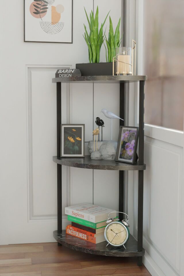 Çevirmeli Kurulum 3 Katlı Dekoratif Köşe Rafı Kitaplık Organizer Aksesuar Düzenleyici Raf Ünitesi Siyah Mermer