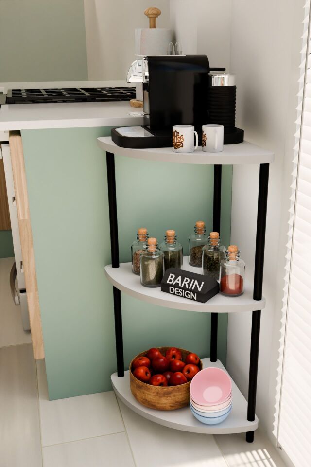 Çevirmeli Kurulum 3 Katlı Mutfak Köşe Rafı Baharatlık Sebzelik Kahve Köşesi Organizeri Beyaz