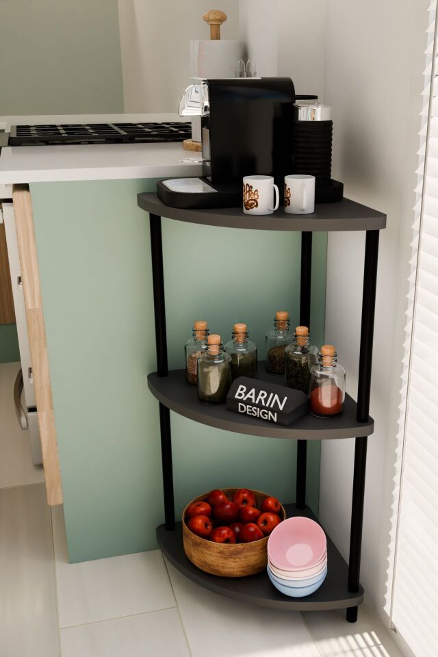 Çevirmeli Kurulum 3 Katlı Mutfak Köşe Rafı Baharatlık Sebzelik Kahve Köşesi Organizeri Antrasit