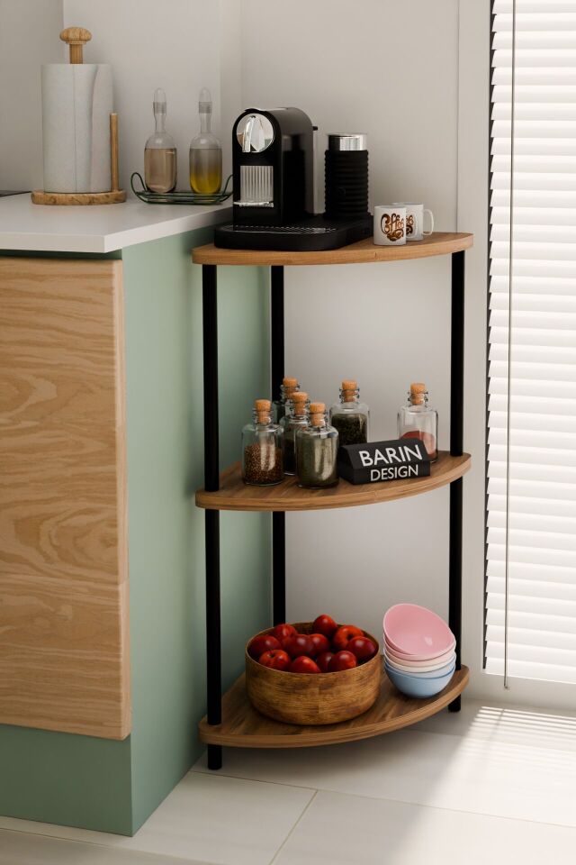 Çevirmeli Kurulum 3 Katlı Mutfak Köşe Rafı Baharatlık Sebzelik Kahve Köşesi Organizeri Atlantik Çam
