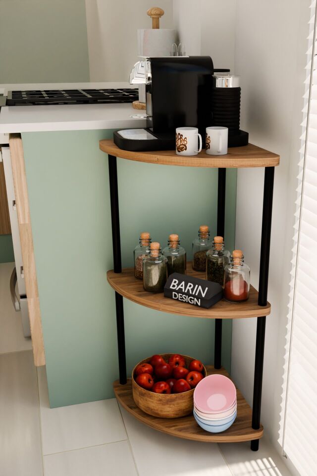 Çevirmeli Kurulum 3 Katlı Mutfak Köşe Rafı Baharatlık Sebzelik Kahve Köşesi Organizeri Atlantik Çam