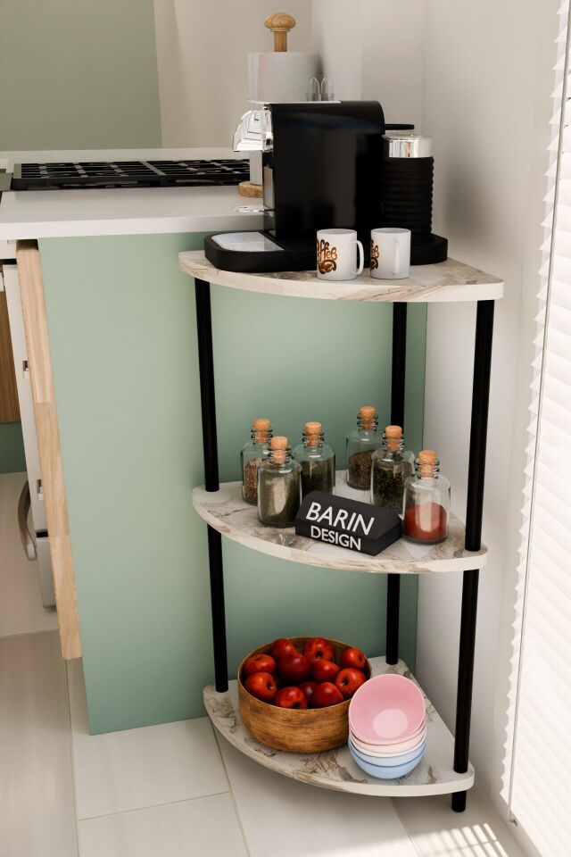 Çevirmeli Kurulum 3 Katlı Mutfak Köşe Rafı Baharatlık Sebzelik Kahve Köşesi Organizeri Beyaz Mermer