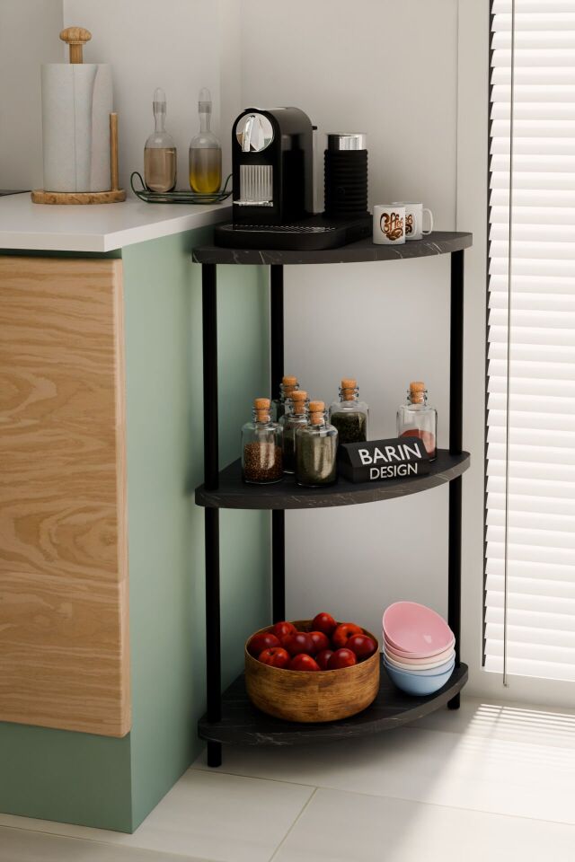 Çevirmeli Kurulum 3 Katlı Mutfak Köşe Rafı Baharatlık Sebzelik Kahve Köşesi Organizeri Siyah Mermer