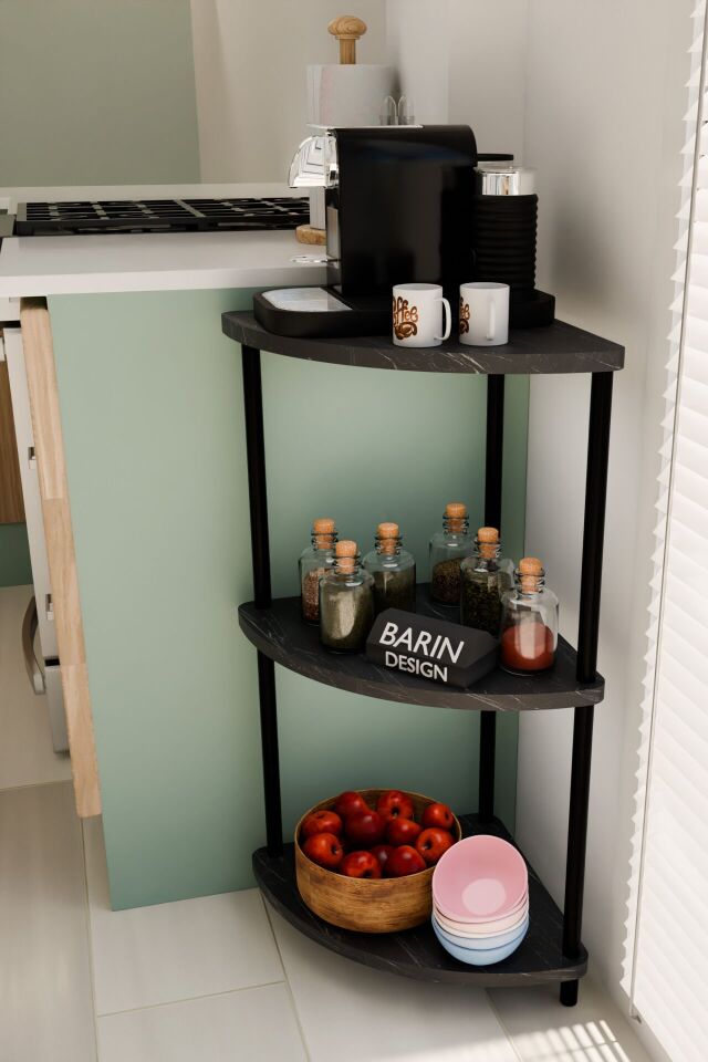 Çevirmeli Kurulum 3 Katlı Mutfak Köşe Rafı Baharatlık Sebzelik Kahve Köşesi Organizeri Siyah Mermer