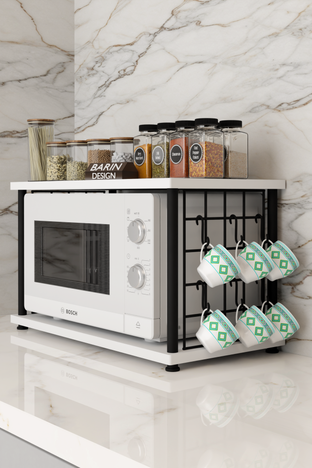 Çevir Kur Metal Telli Mikrodalga Üstü Raf Baharatlık Askılı Çok Amaçlı Mutfak Organizer Beyaz