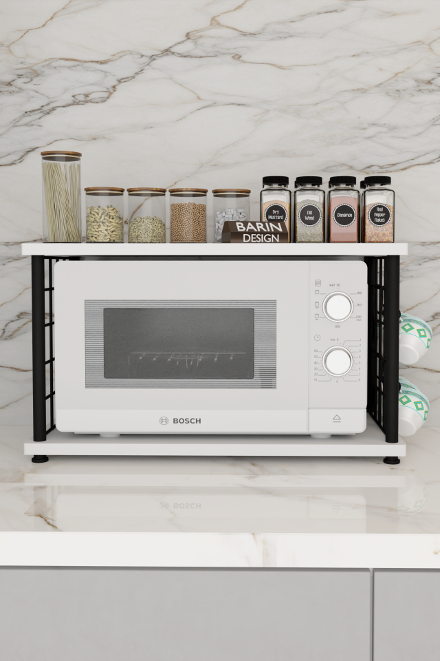 Çevir Kur Metal Telli Mikrodalga Üstü Raf Baharatlık Askılı Çok Amaçlı Mutfak Organizer Beyaz