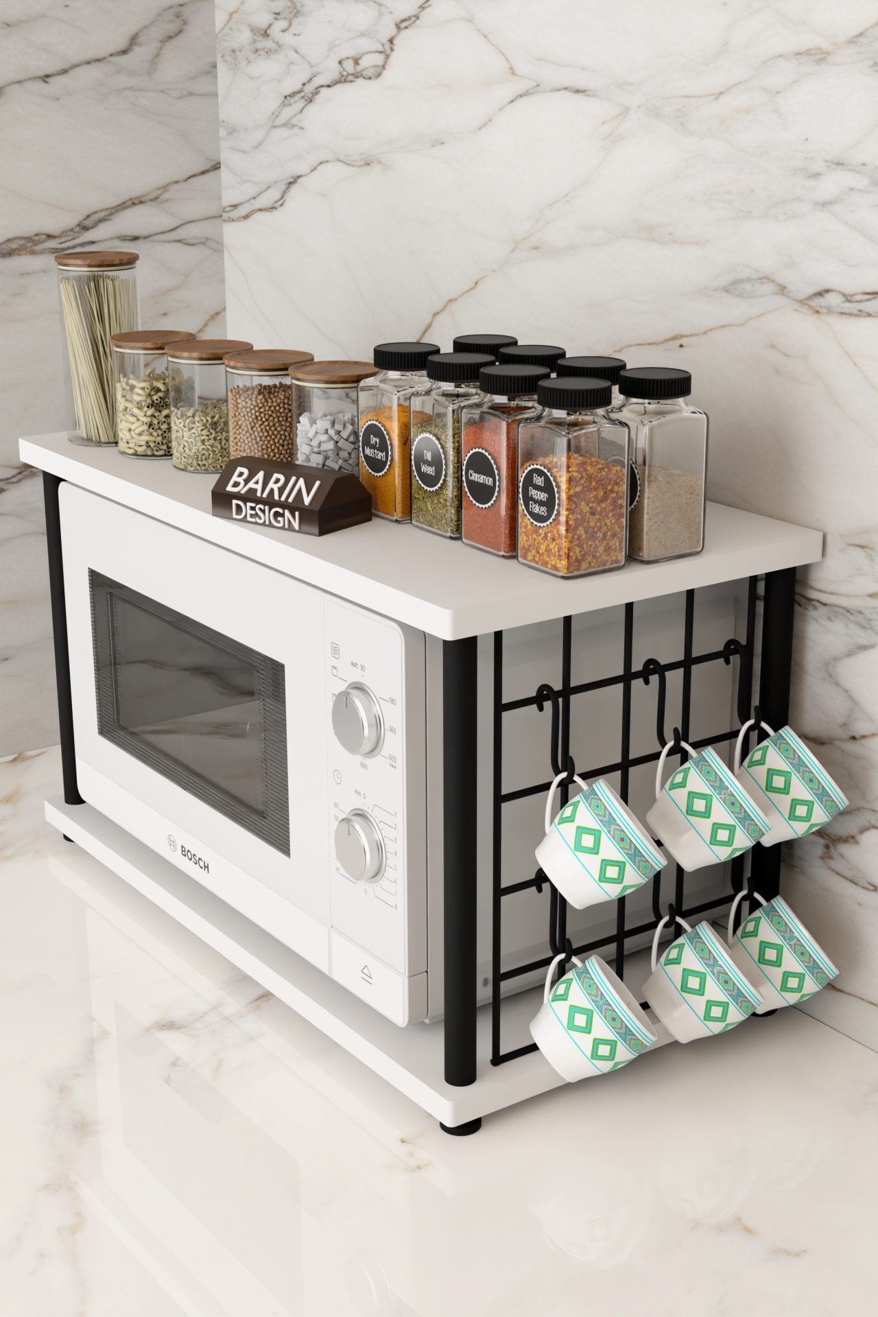 Çevir Kur Metal Telli Mikrodalga Üstü Raf Baharatlık Askılı Çok Amaçlı Mutfak Organizer Beyaz