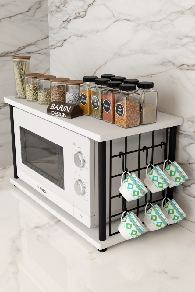 Çevir Kur Metal Telli Mikrodalga Üstü Raf Baharatlık Askılı Çok Amaçlı Mutfak Organizer Beyaz