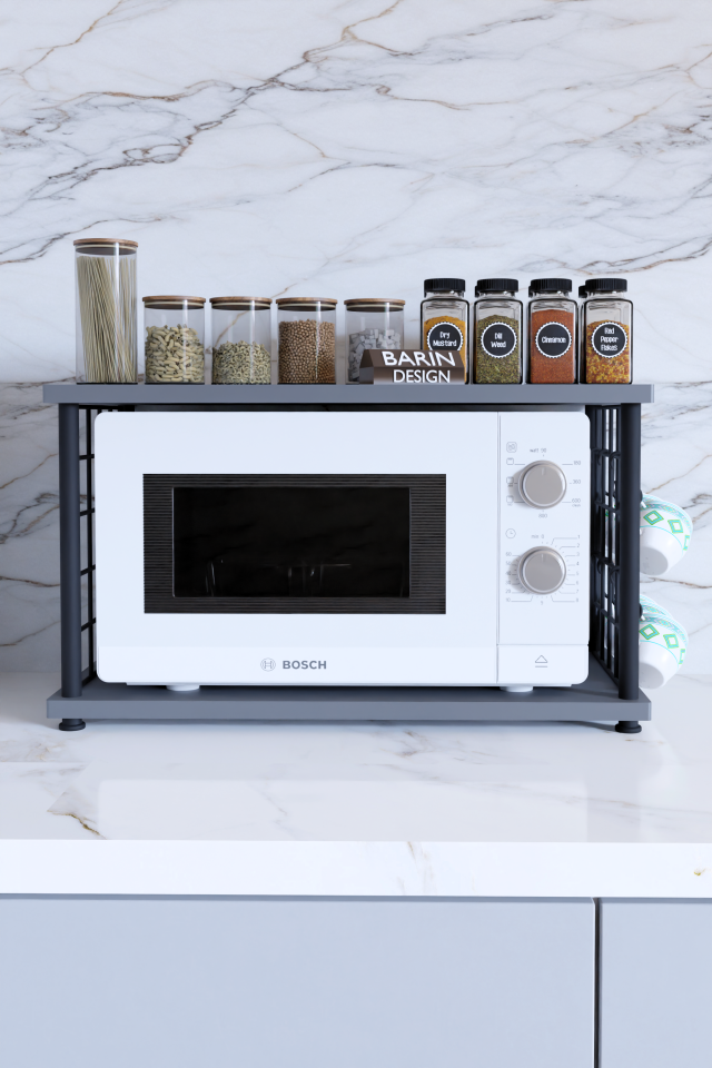 Barın Design Çevir Kur Metal Telli Mikrodalga Üstü Raf Baharatlık Askılı Çok Amaçlı Mutfak Organizer Antrasit