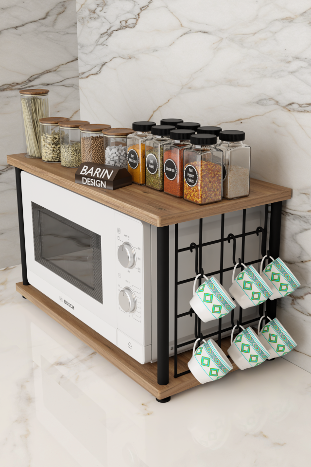Barın Design Çevir Kur Metal Telli Mikrodalga Üstü Raf Baharatlık Askılı Çok Amaçlı Mutfak Organizer Atlantik Çam