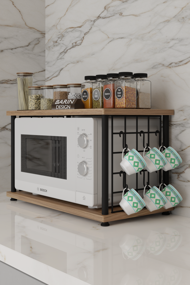 Çevir Kur Metal Telli Mikrodalga Üstü Raf Baharatlık Askılı Çok Amaçlı Mutfak Organizer Atlantik Çam