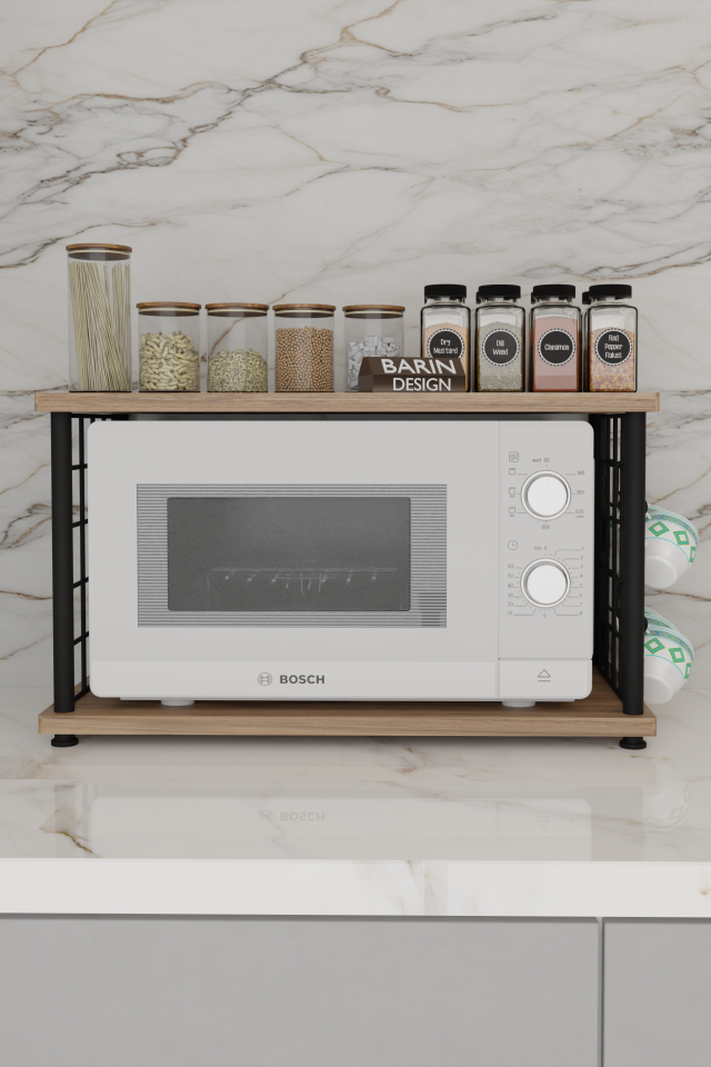 Barın Design Çevir Kur Metal Telli Mikrodalga Üstü Raf Baharatlık Askılı Çok Amaçlı Mutfak Organizer Atlantik Çam