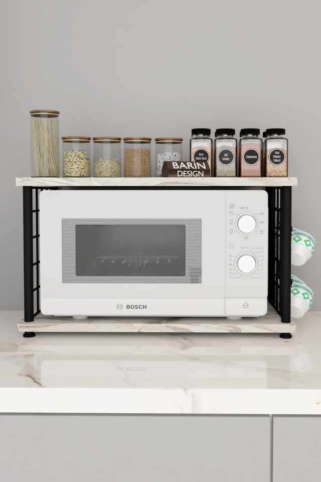 Barın Design Çevir Kur Metal Telli Mikrodalga Üstü Raf Baharatlık Askılı Çok Amaçlı Mutfak Organizer Beyaz Mermer