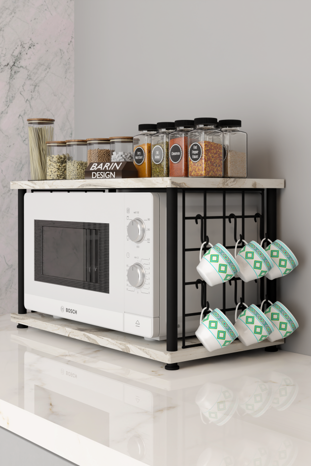 Çevir Kur Metal Telli Mikrodalga Üstü Raf Baharatlık Askılı Çok Amaçlı Mutfak Organizer Beyaz Mermer