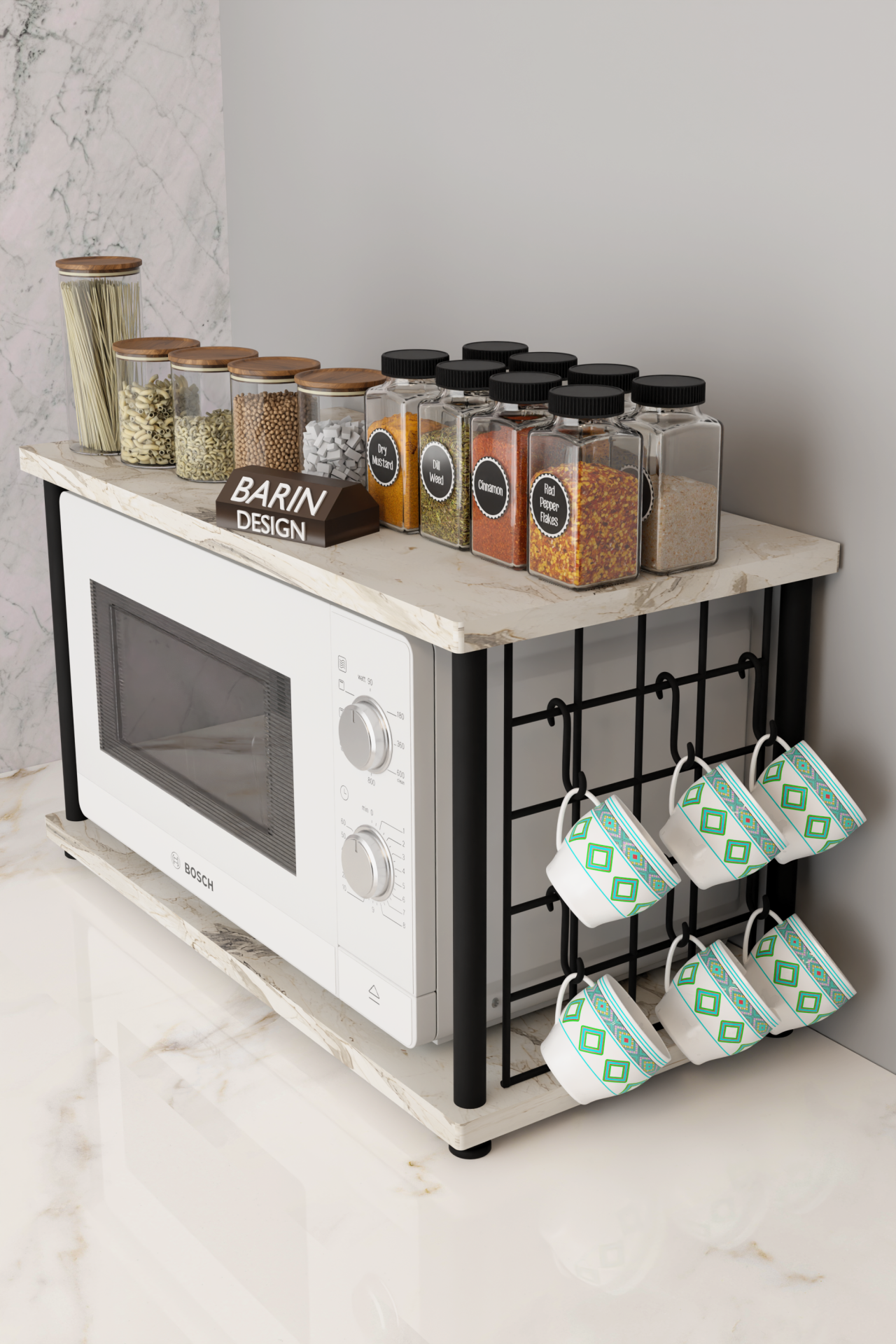 Barın Design Çevir Kur Metal Telli Mikrodalga Üstü Raf Baharatlık Askılı Çok Amaçlı Mutfak Organizer Beyaz Mermer