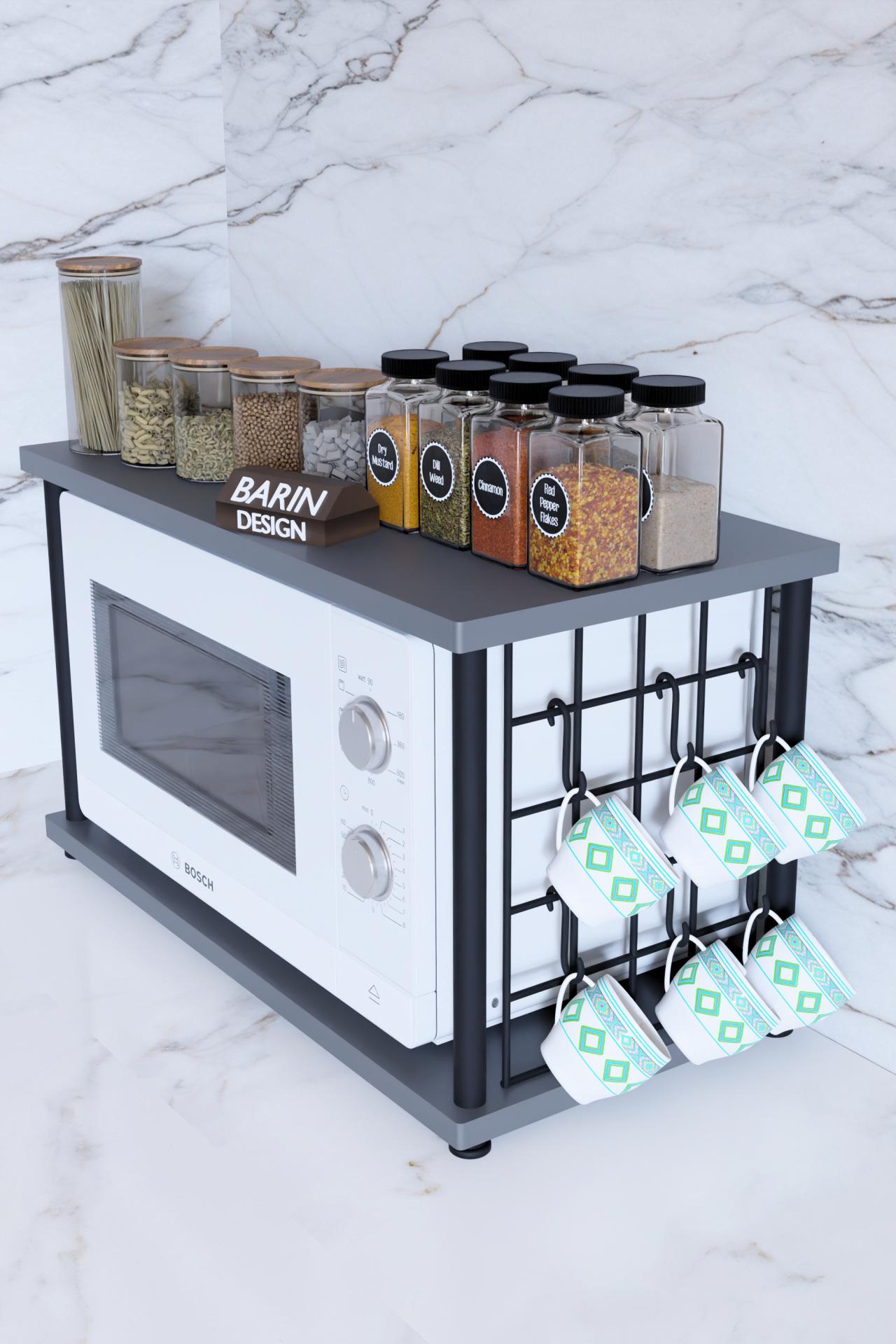 Barın Design Çevir Kur Metal Telli Mikrodalga Üstü Raf Baharatlık Askılı Çok Amaçlı Mutfak Organizer Siyah Mermer