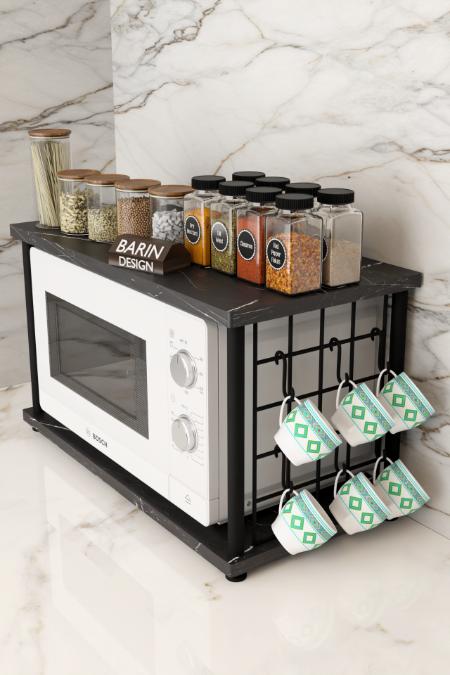 Çevir Kur Metal Telli Mikrodalga Üstü Raf Baharatlık Askılı Çok Amaçlı Mutfak Organizer Siyah Mermer
