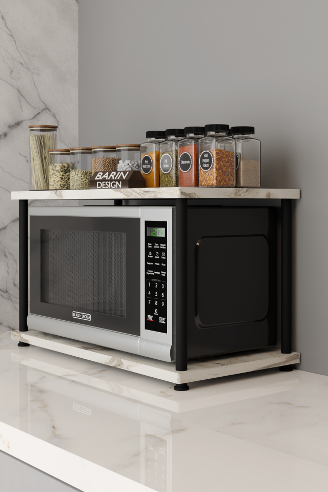 Çevir Kur Mutfak Tezgah Üstü Mikrodalga Rafı Çok Amaçlı Organizer Stand Baharatlık Raf Sistemleri Beyaz Mermer
