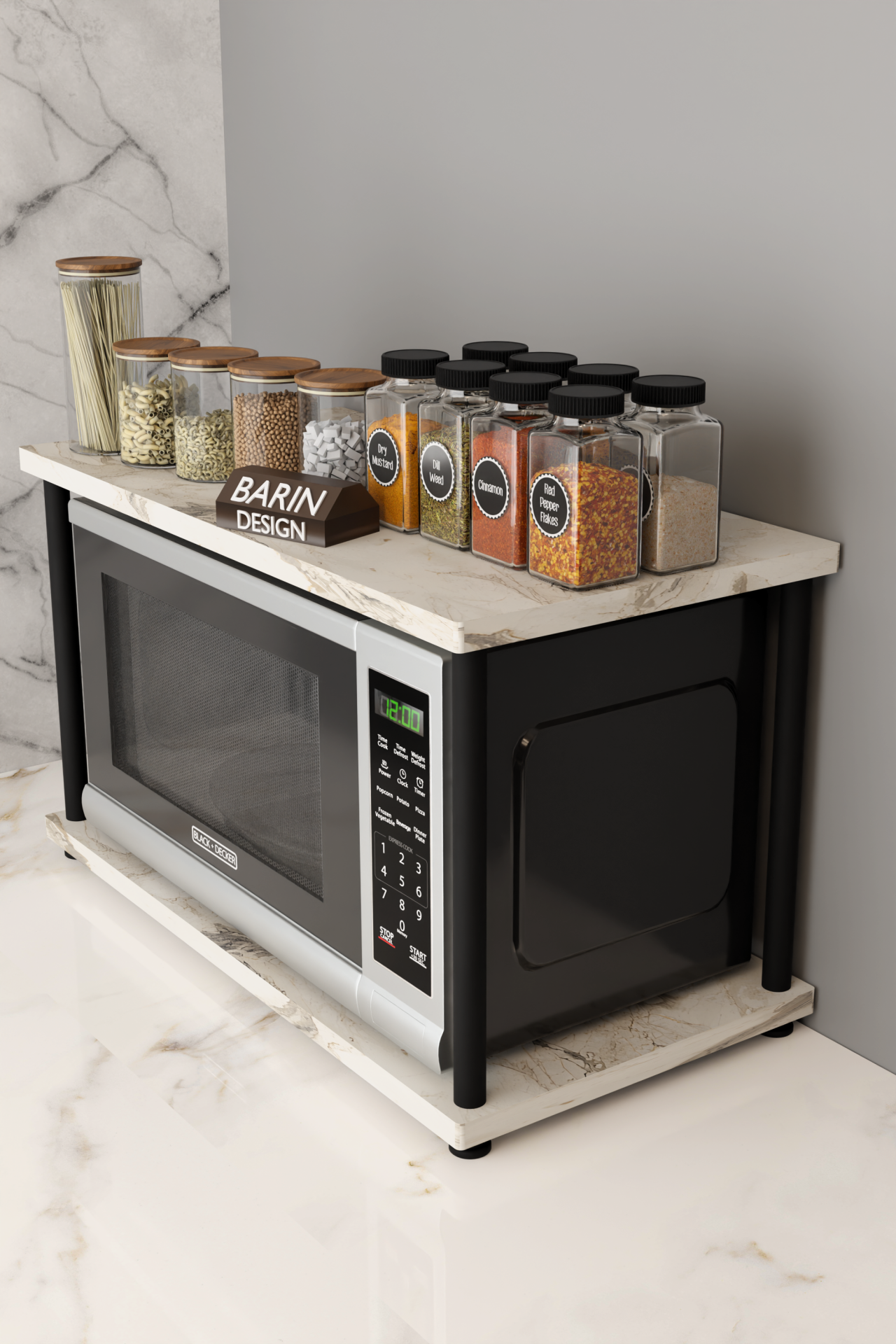 Barın Design Çevir Kur Mutfak Tezgah Üstü Mikrodalga Rafı Çok Amaçlı Organizer Stand Baharatlık Raf Sistemleri Beyaz Mermer