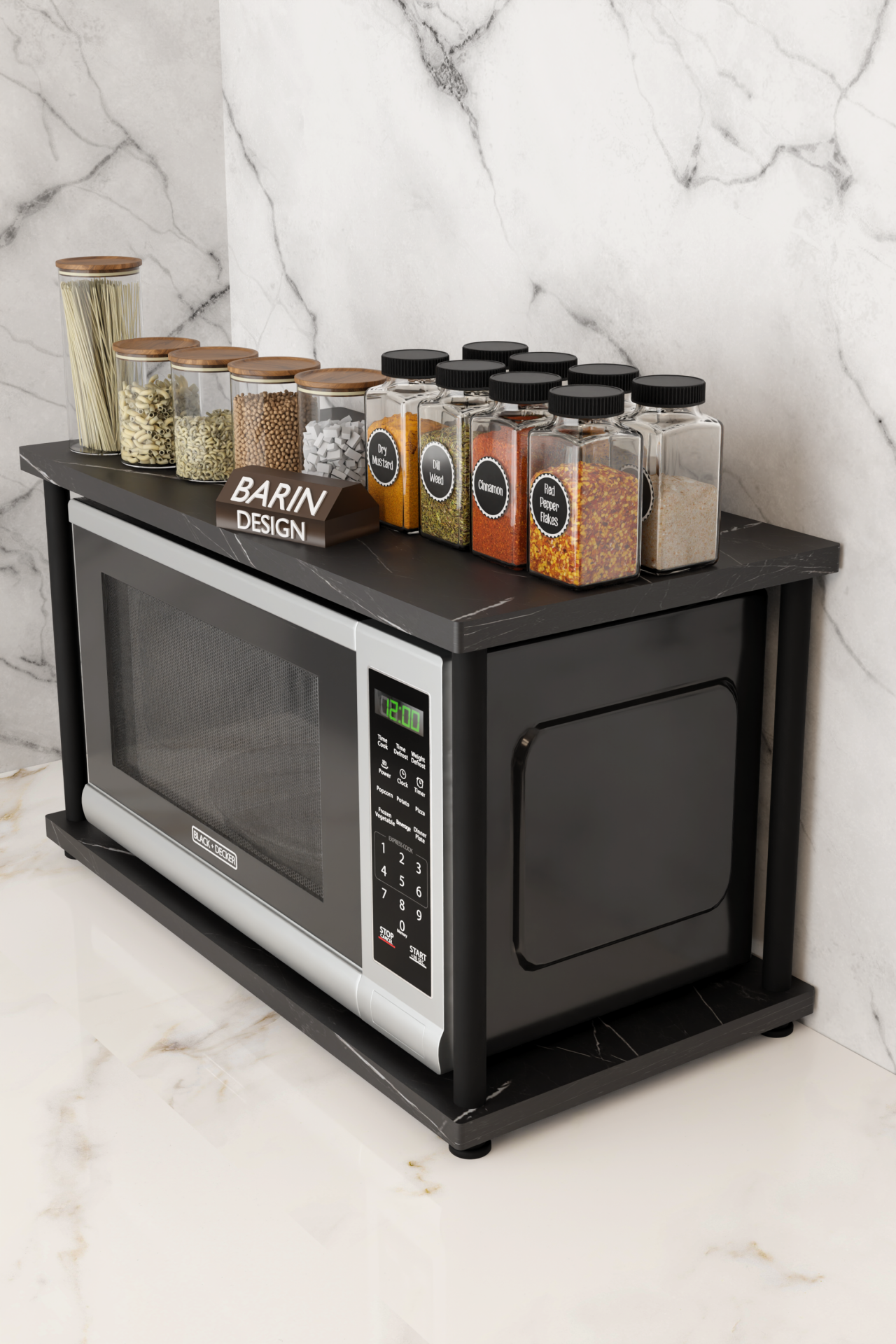 Çevir Kur Mutfak Tezgah Üstü Mikrodalga Rafı Çok Amaçlı Organizer Stand Baharatlık Raf Sistemleri Siyah Mermer